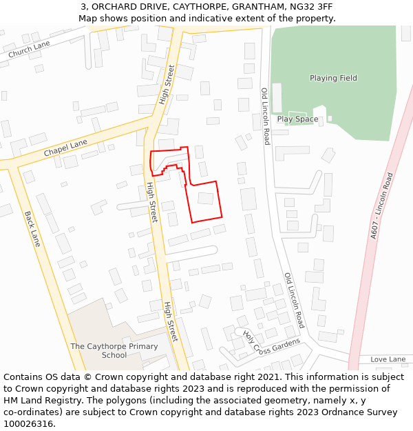 3, ORCHARD DRIVE, CAYTHORPE, GRANTHAM, NG32 3FF: Location map and indicative extent of plot