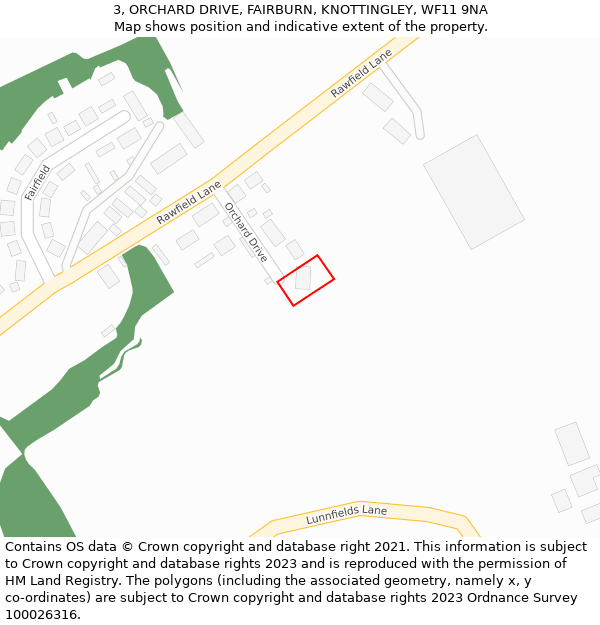 3, ORCHARD DRIVE, FAIRBURN, KNOTTINGLEY, WF11 9NA: Location map and indicative extent of plot