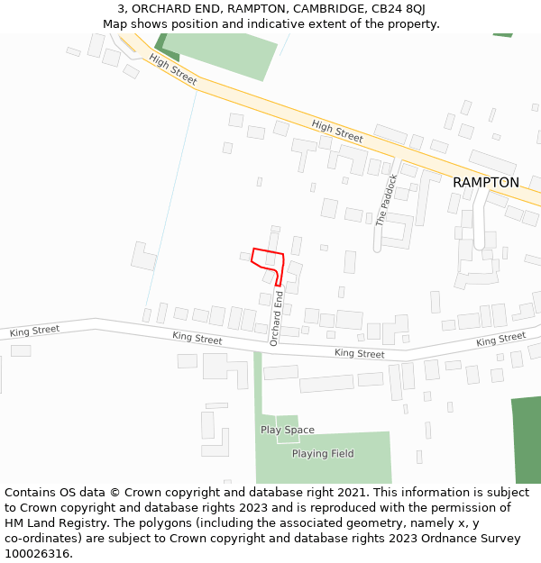 3, ORCHARD END, RAMPTON, CAMBRIDGE, CB24 8QJ: Location map and indicative extent of plot