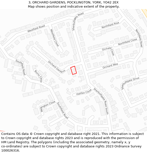 3, ORCHARD GARDENS, POCKLINGTON, YORK, YO42 2EX: Location map and indicative extent of plot