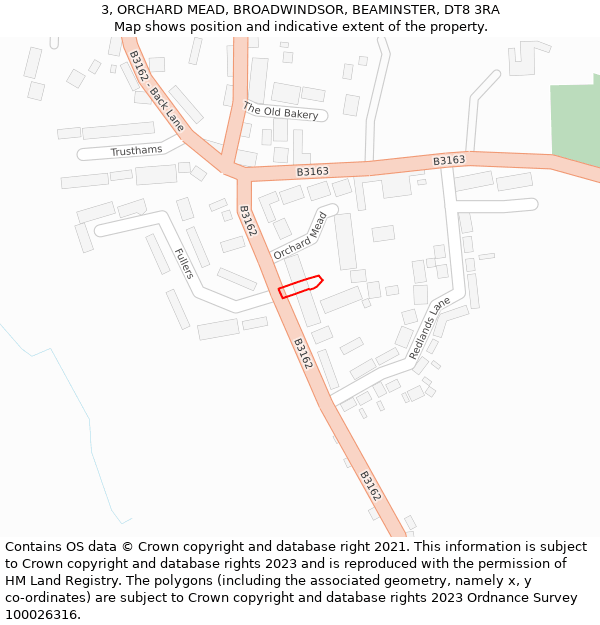 3, ORCHARD MEAD, BROADWINDSOR, BEAMINSTER, DT8 3RA: Location map and indicative extent of plot