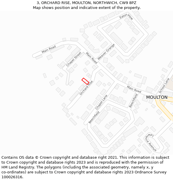 3, ORCHARD RISE, MOULTON, NORTHWICH, CW9 8PZ: Location map and indicative extent of plot