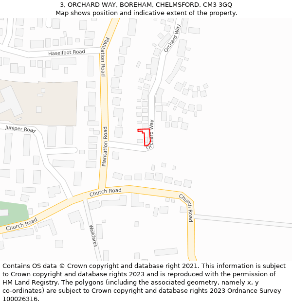 3, ORCHARD WAY, BOREHAM, CHELMSFORD, CM3 3GQ: Location map and indicative extent of plot