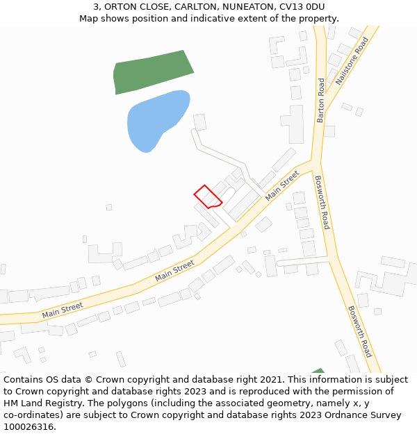 3, ORTON CLOSE, CARLTON, NUNEATON, CV13 0DU: Location map and indicative extent of plot