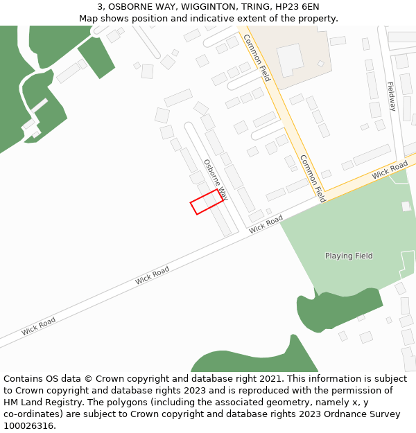 3, OSBORNE WAY, WIGGINTON, TRING, HP23 6EN: Location map and indicative extent of plot