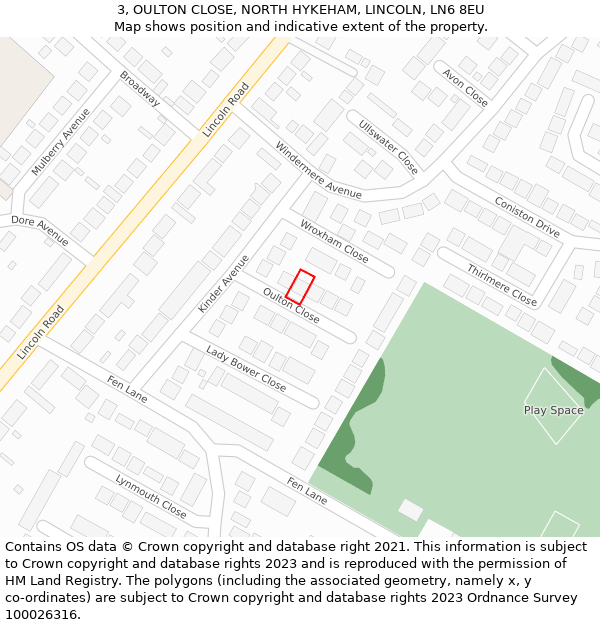 3, OULTON CLOSE, NORTH HYKEHAM, LINCOLN, LN6 8EU: Location map and indicative extent of plot