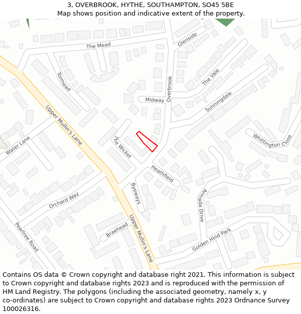 3, OVERBROOK, HYTHE, SOUTHAMPTON, SO45 5BE: Location map and indicative extent of plot