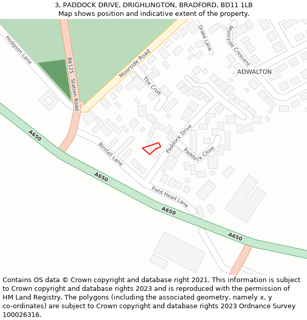 3, PADDOCK DRIVE, DRIGHLINGTON, BRADFORD, BD11 1LB: Location map and indicative extent of plot