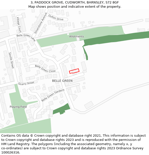 3, PADDOCK GROVE, CUDWORTH, BARNSLEY, S72 8GF: Location map and indicative extent of plot