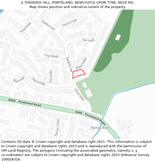 3, PADDOCK HILL, PONTELAND, NEWCASTLE UPON TYNE, NE20 9XL: Location map and indicative extent of plot
