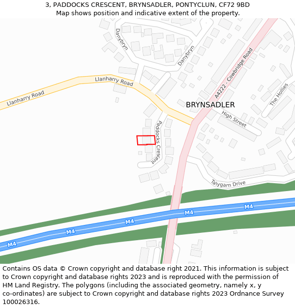 3, PADDOCKS CRESCENT, BRYNSADLER, PONTYCLUN, CF72 9BD: Location map and indicative extent of plot