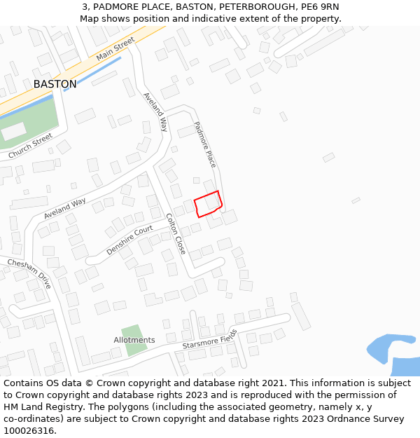 3, PADMORE PLACE, BASTON, PETERBOROUGH, PE6 9RN: Location map and indicative extent of plot