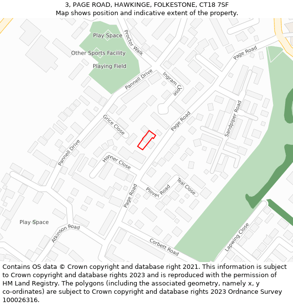 3, PAGE ROAD, HAWKINGE, FOLKESTONE, CT18 7SF: Location map and indicative extent of plot