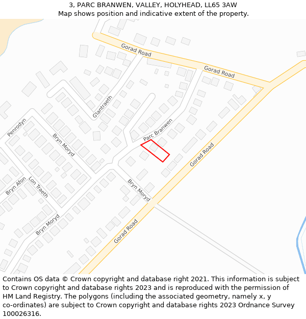 3, PARC BRANWEN, VALLEY, HOLYHEAD, LL65 3AW: Location map and indicative extent of plot