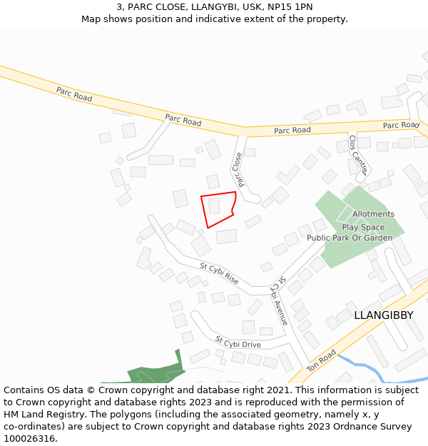 3, PARC CLOSE, LLANGYBI, USK, NP15 1PN: Location map and indicative extent of plot