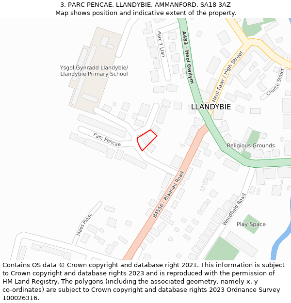 3, PARC PENCAE, LLANDYBIE, AMMANFORD, SA18 3AZ: Location map and indicative extent of plot