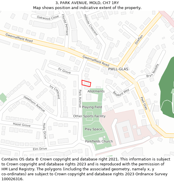 3, PARK AVENUE, MOLD, CH7 1RY: Location map and indicative extent of plot