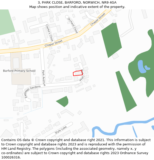 3, PARK CLOSE, BARFORD, NORWICH, NR9 4GA: Location map and indicative extent of plot