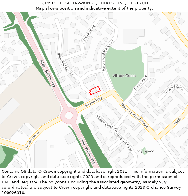 3, PARK CLOSE, HAWKINGE, FOLKESTONE, CT18 7QD: Location map and indicative extent of plot