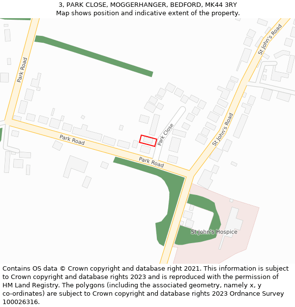 3, PARK CLOSE, MOGGERHANGER, BEDFORD, MK44 3RY: Location map and indicative extent of plot