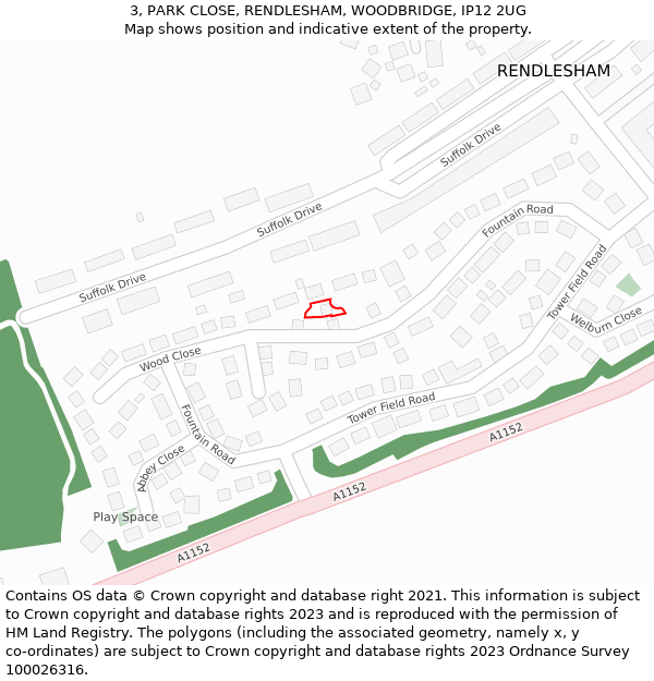 3, PARK CLOSE, RENDLESHAM, WOODBRIDGE, IP12 2UG: Location map and indicative extent of plot