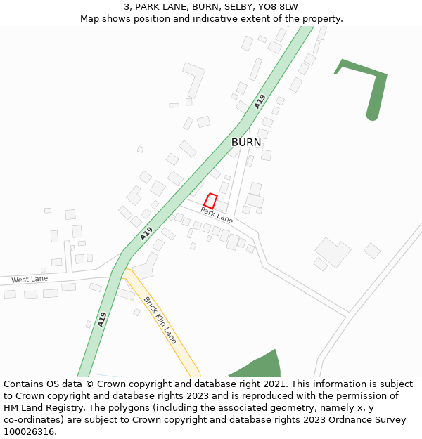 3, PARK LANE, BURN, SELBY, YO8 8LW: Location map and indicative extent of plot