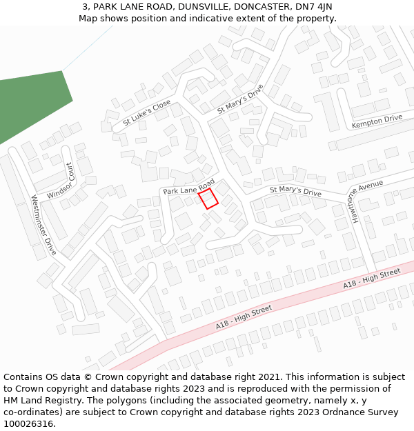 3, PARK LANE ROAD, DUNSVILLE, DONCASTER, DN7 4JN: Location map and indicative extent of plot