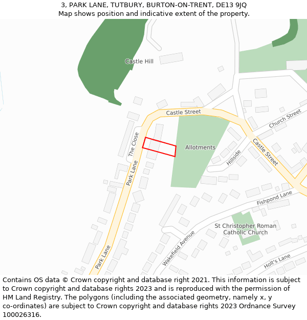 3, PARK LANE, TUTBURY, BURTON-ON-TRENT, DE13 9JQ: Location map and indicative extent of plot