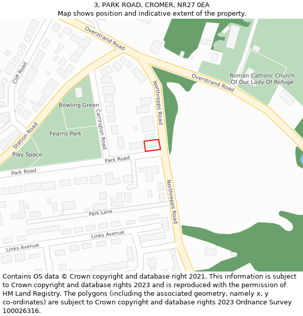 3, PARK ROAD, CROMER, NR27 0EA: Location map and indicative extent of plot