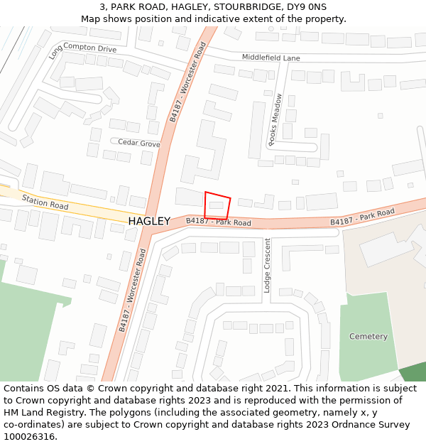 3, PARK ROAD, HAGLEY, STOURBRIDGE, DY9 0NS: Location map and indicative extent of plot