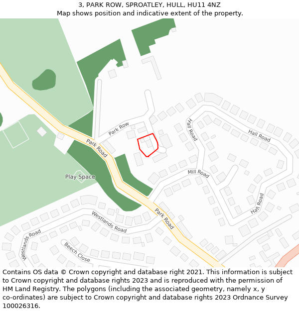 3, PARK ROW, SPROATLEY, HULL, HU11 4NZ: Location map and indicative extent of plot