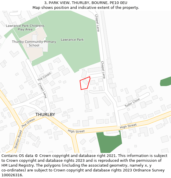3, PARK VIEW, THURLBY, BOURNE, PE10 0EU: Location map and indicative extent of plot