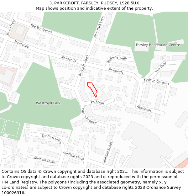 3, PARKCROFT, FARSLEY, PUDSEY, LS28 5UX: Location map and indicative extent of plot