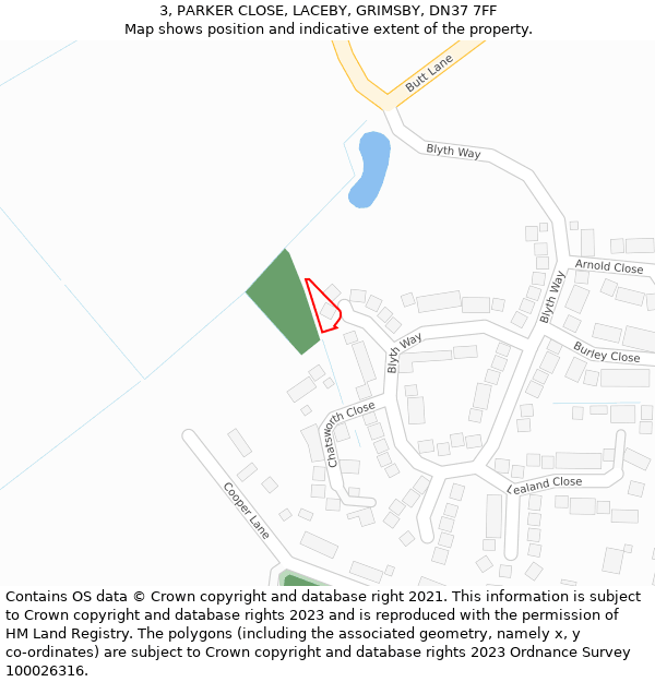 3, PARKER CLOSE, LACEBY, GRIMSBY, DN37 7FF: Location map and indicative extent of plot