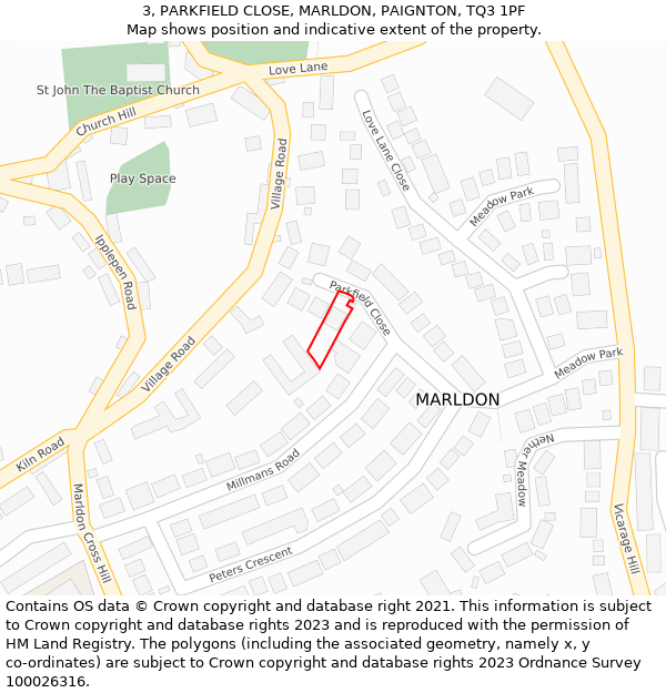 3, PARKFIELD CLOSE, MARLDON, PAIGNTON, TQ3 1PF: Location map and indicative extent of plot