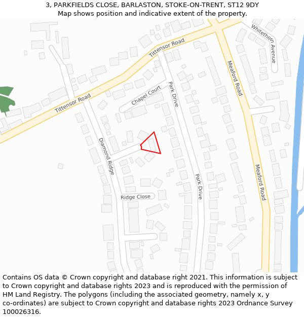 3, PARKFIELDS CLOSE, BARLASTON, STOKE-ON-TRENT, ST12 9DY: Location map and indicative extent of plot