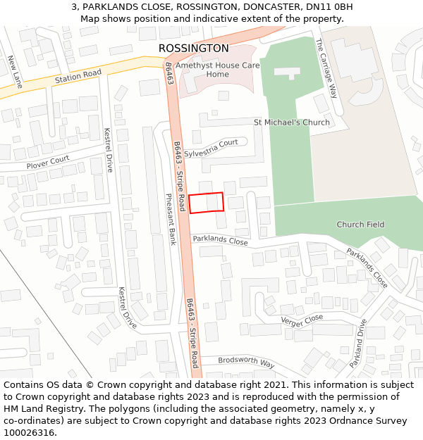 3, PARKLANDS CLOSE, ROSSINGTON, DONCASTER, DN11 0BH: Location map and indicative extent of plot