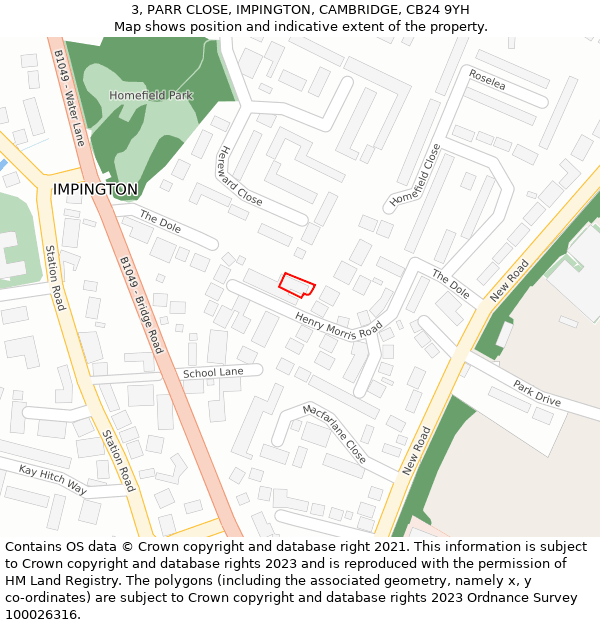 3, PARR CLOSE, IMPINGTON, CAMBRIDGE, CB24 9YH: Location map and indicative extent of plot