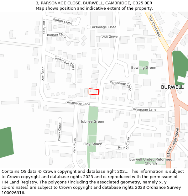 3, PARSONAGE CLOSE, BURWELL, CAMBRIDGE, CB25 0ER: Location map and indicative extent of plot