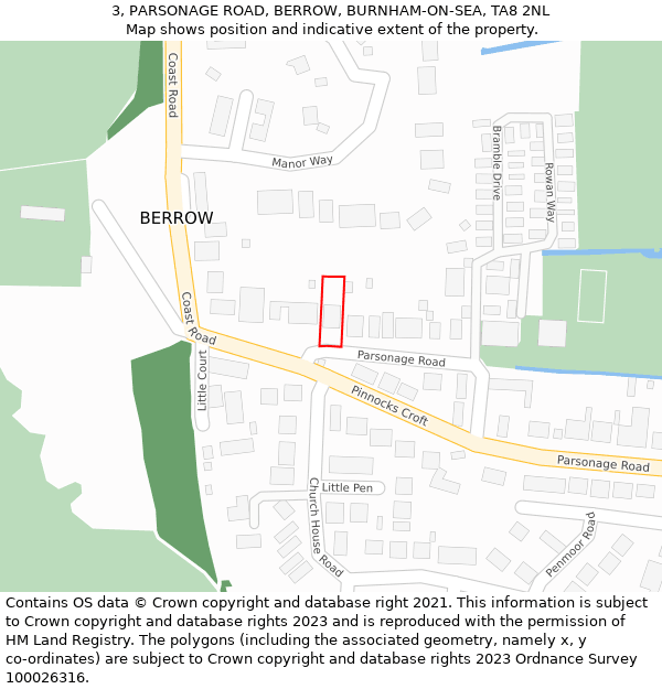 3, PARSONAGE ROAD, BERROW, BURNHAM-ON-SEA, TA8 2NL: Location map and indicative extent of plot