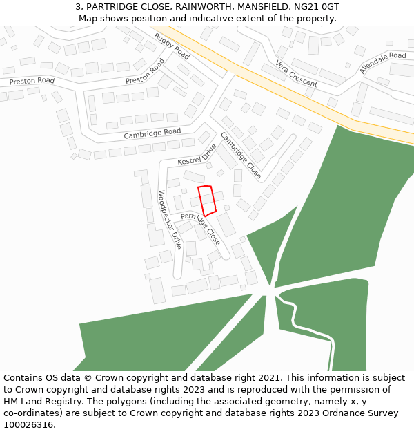 3, PARTRIDGE CLOSE, RAINWORTH, MANSFIELD, NG21 0GT: Location map and indicative extent of plot