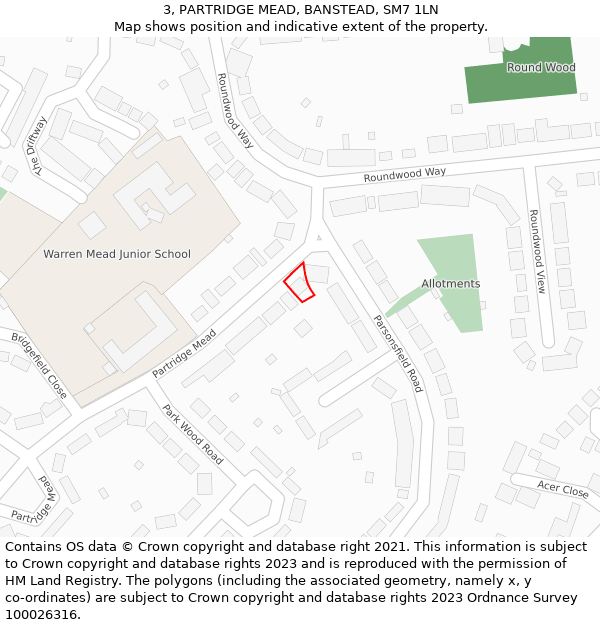 3, PARTRIDGE MEAD, BANSTEAD, SM7 1LN: Location map and indicative extent of plot