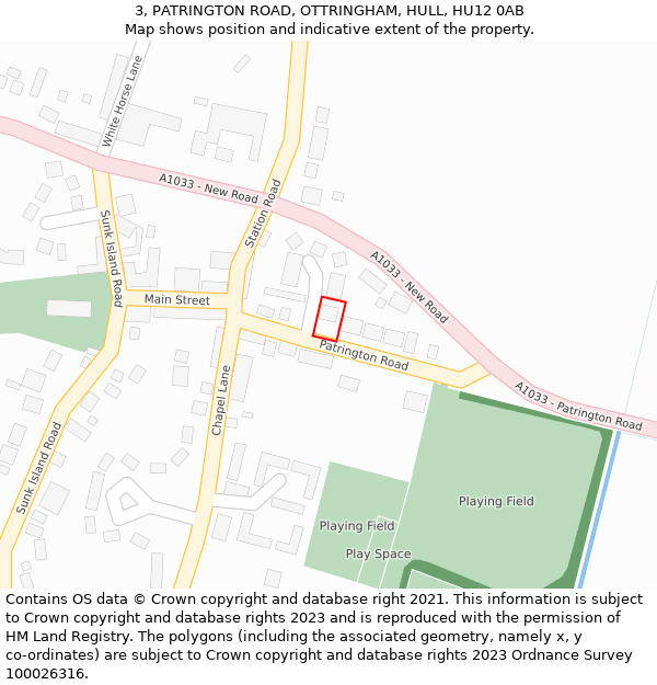 3, PATRINGTON ROAD, OTTRINGHAM, HULL, HU12 0AB: Location map and indicative extent of plot