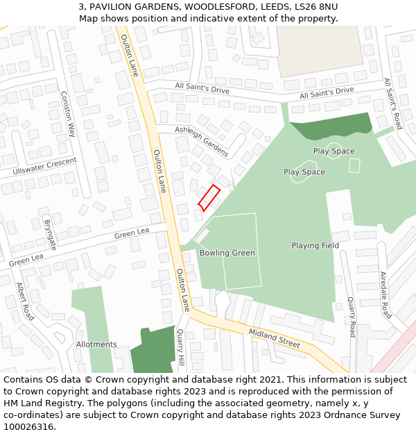 3, PAVILION GARDENS, WOODLESFORD, LEEDS, LS26 8NU: Location map and indicative extent of plot
