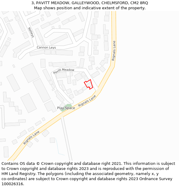 3, PAVITT MEADOW, GALLEYWOOD, CHELMSFORD, CM2 8RQ: Location map and indicative extent of plot