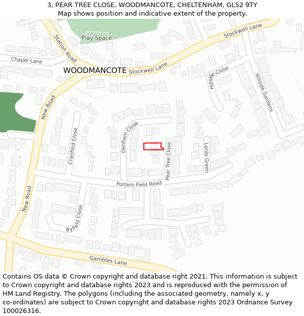 3, PEAR TREE CLOSE, WOODMANCOTE, CHELTENHAM, GL52 9TY: Location map and indicative extent of plot