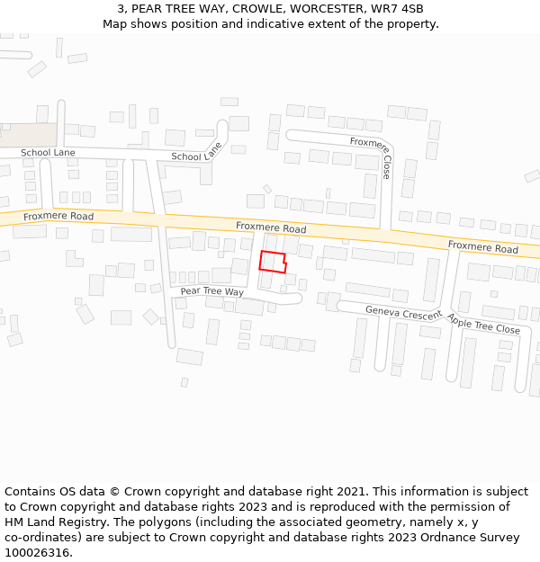 3, PEAR TREE WAY, CROWLE, WORCESTER, WR7 4SB: Location map and indicative extent of plot