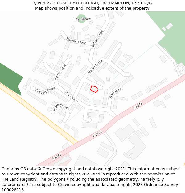 3, PEARSE CLOSE, HATHERLEIGH, OKEHAMPTON, EX20 3QW: Location map and indicative extent of plot