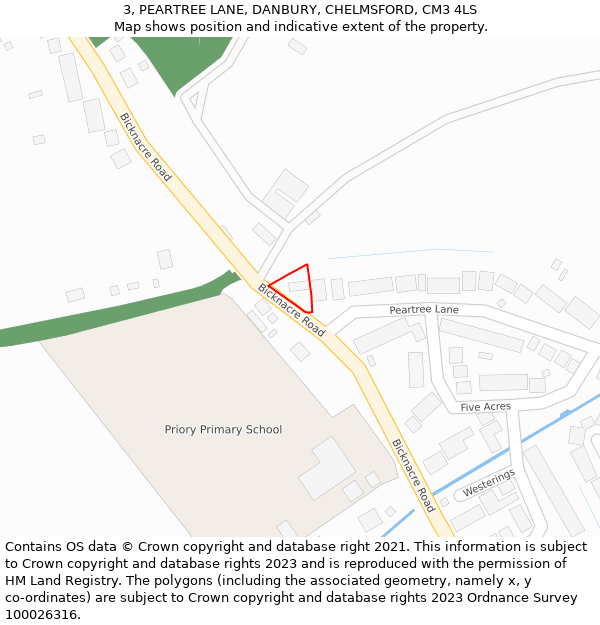 3, PEARTREE LANE, DANBURY, CHELMSFORD, CM3 4LS: Location map and indicative extent of plot