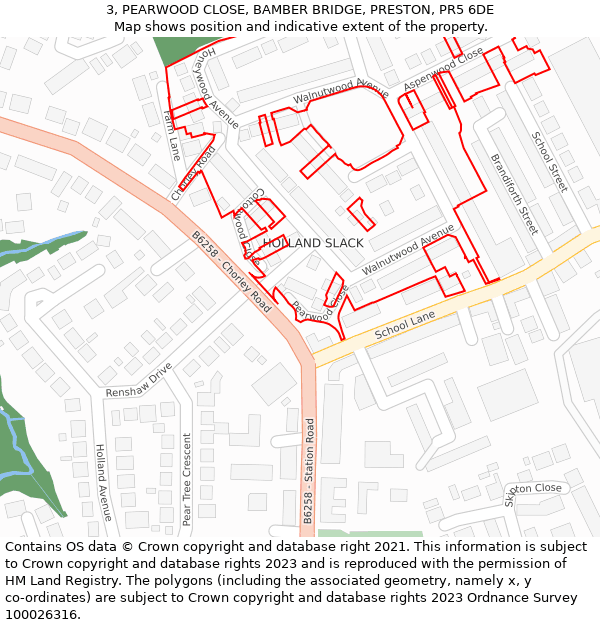 3, PEARWOOD CLOSE, BAMBER BRIDGE, PRESTON, PR5 6DE: Location map and indicative extent of plot